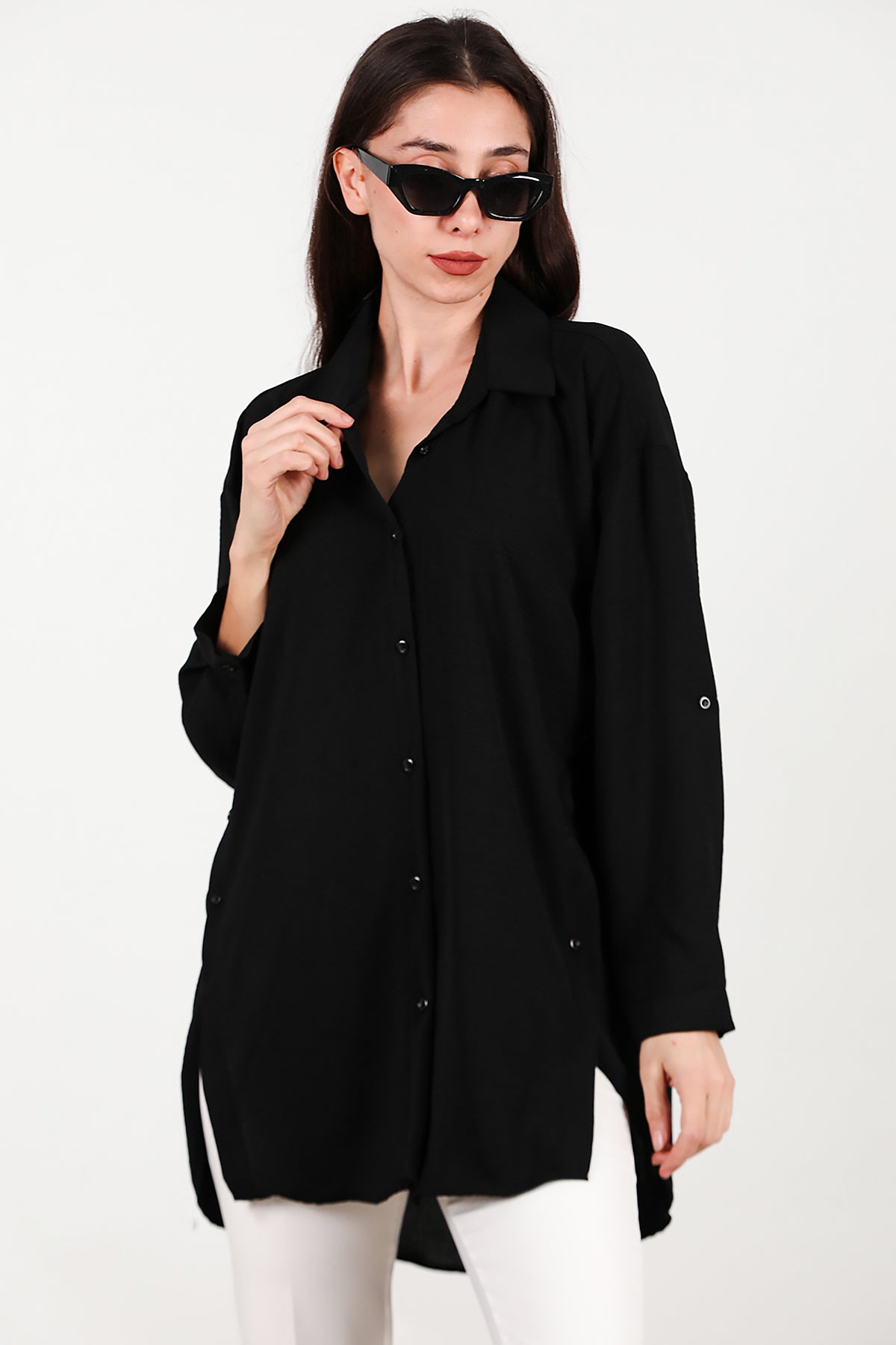 Kadın Yanları Düğmeli Gömlek Siyah