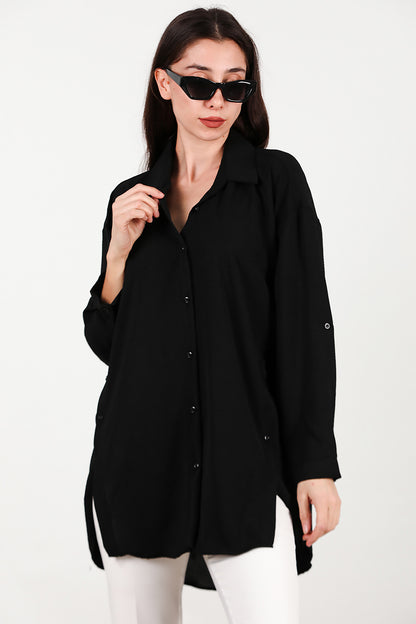 Kadın Yanları Düğmeli Gömlek Siyah