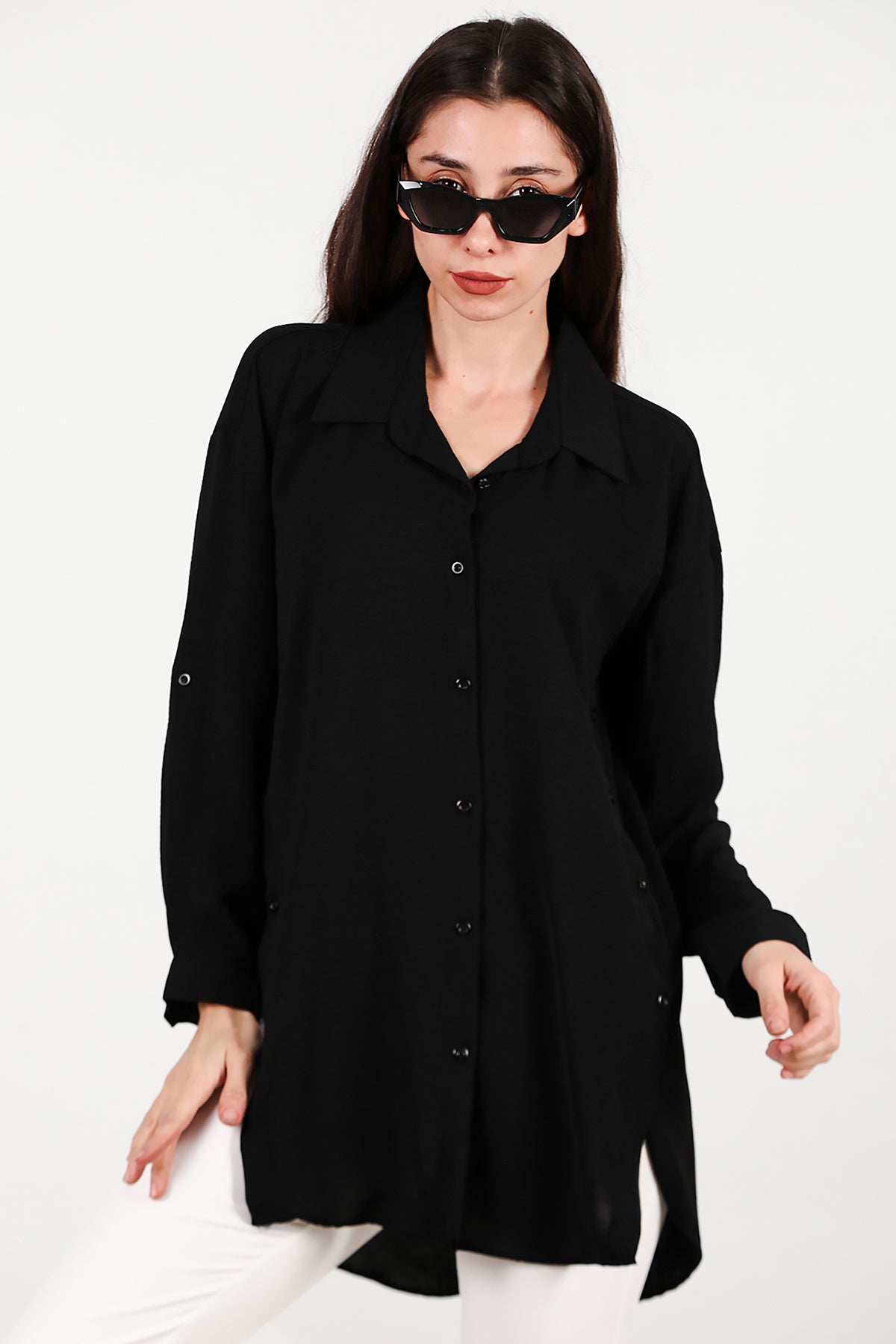Kadın Yanları Düğmeli Gömlek Siyah
