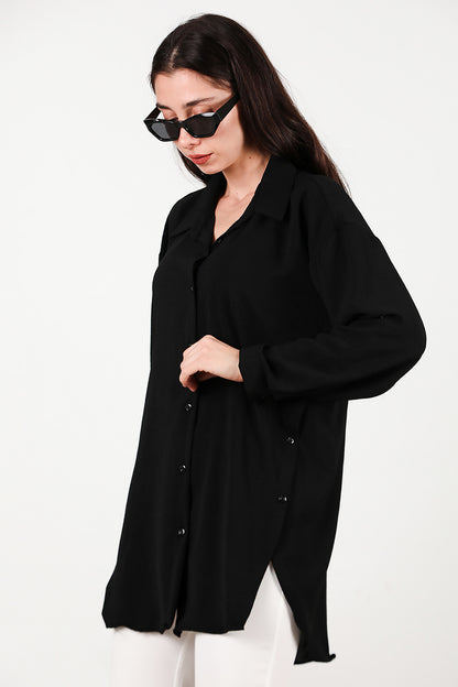 Kadın Yanları Düğmeli Gömlek Siyah