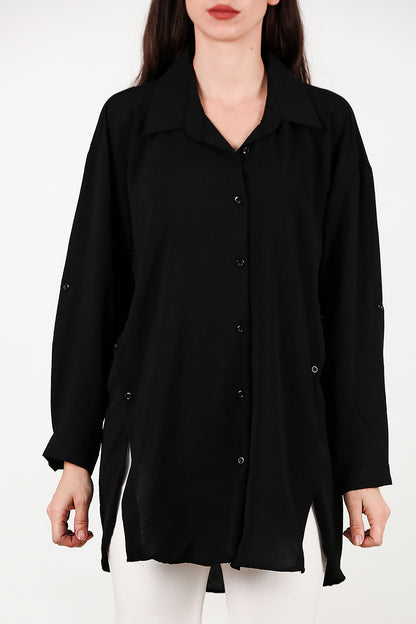Kadın Yanları Düğmeli Gömlek Siyah