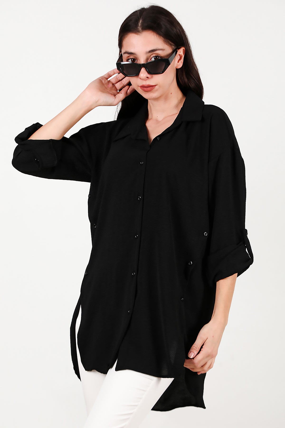 Kadın Yanları Düğmeli Gömlek Siyah