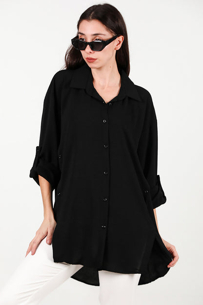 Kadın Yanları Düğmeli Gömlek Siyah