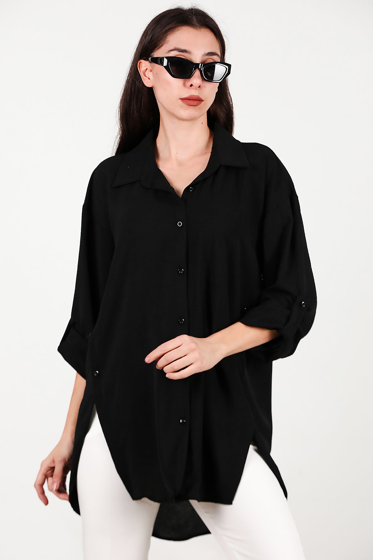 Kadın Yanları Düğmeli Gömlek Siyah