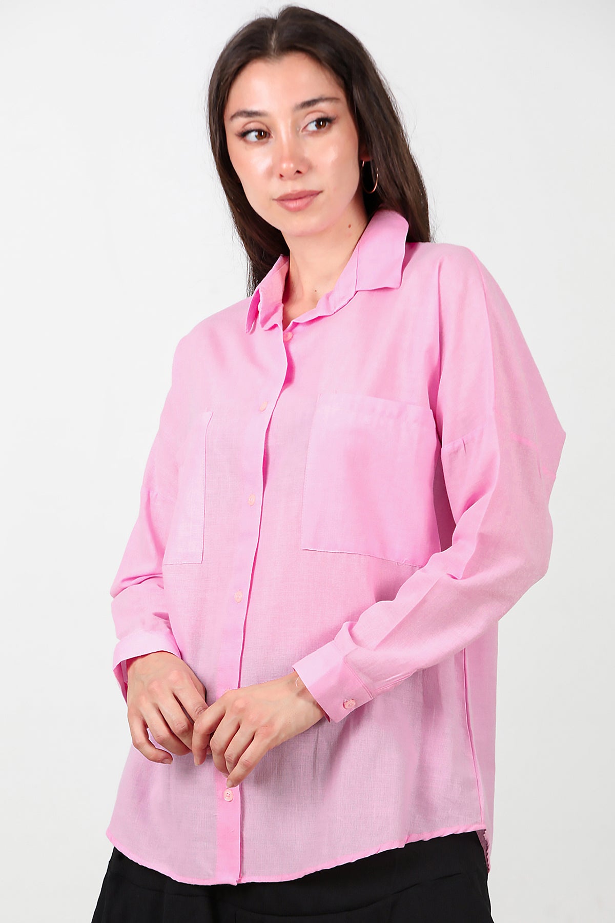 Kadın İki Cepli Oversize Gömlek Pembe