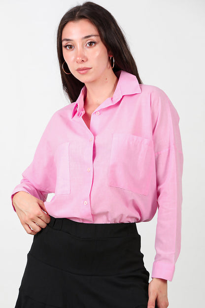 Kadın İki Cepli Oversize Gömlek Pembe