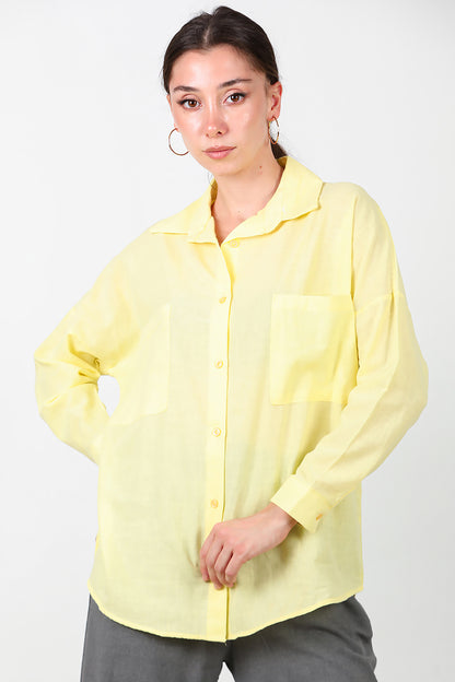 Kadın İki Cepli Oversize Gömlek Sarı