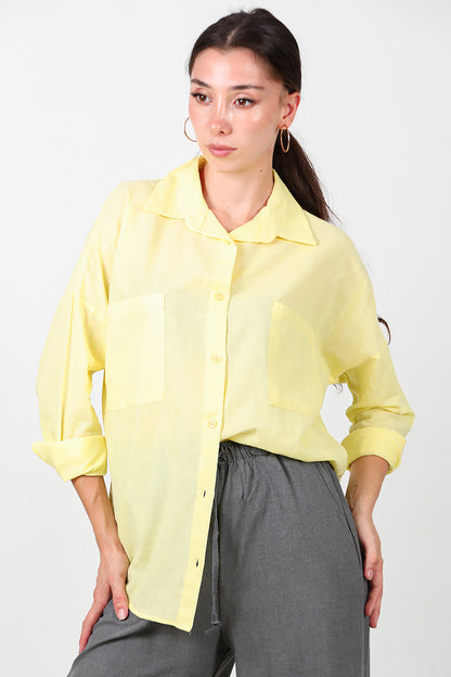 Kadın İki Cepli Oversize Gömlek Sarı
