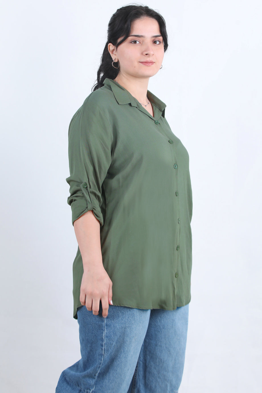 Serene Büyük Beden Kol Katlamalı Gömlek Haki