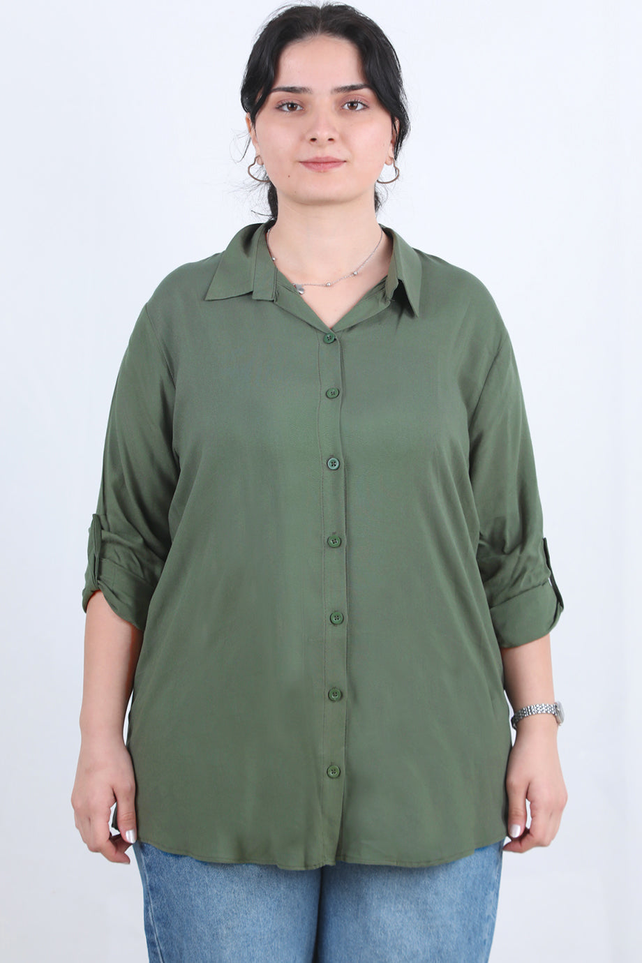 Serene Büyük Beden Kol Katlamalı Gömlek Haki