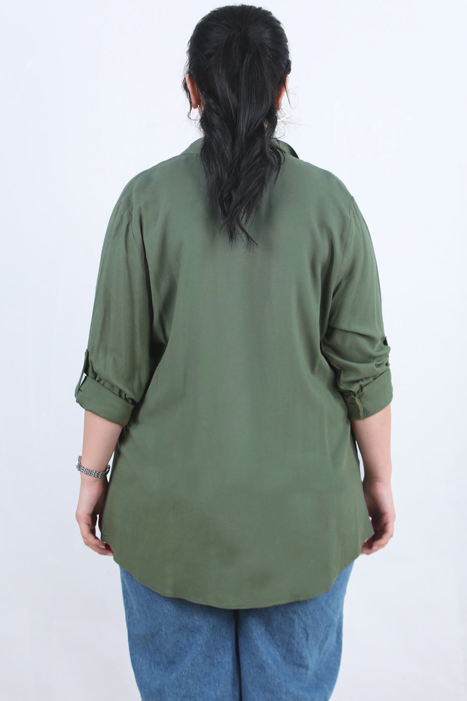 Serene Büyük Beden Kol Katlamalı Gömlek Haki
