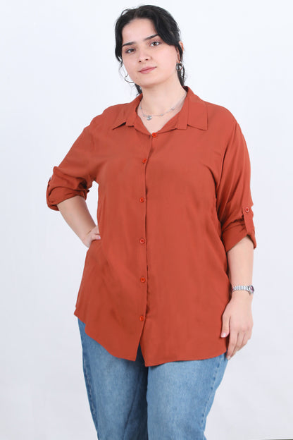 Serene Büyük Beden Kol Katlamalı Gömlek Kiremit