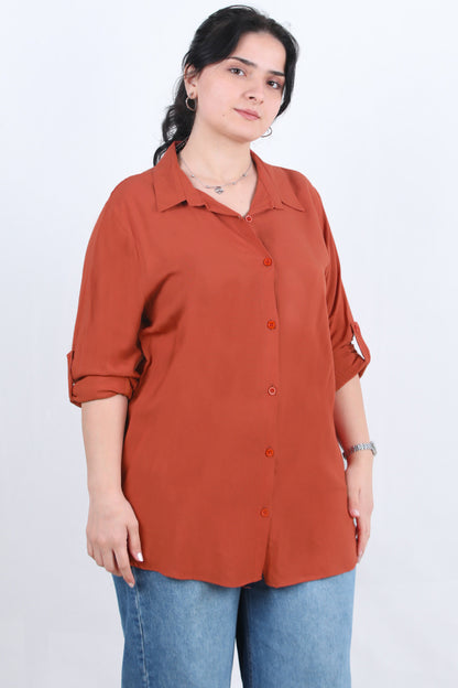 Serene Büyük Beden Kol Katlamalı Gömlek Kiremit