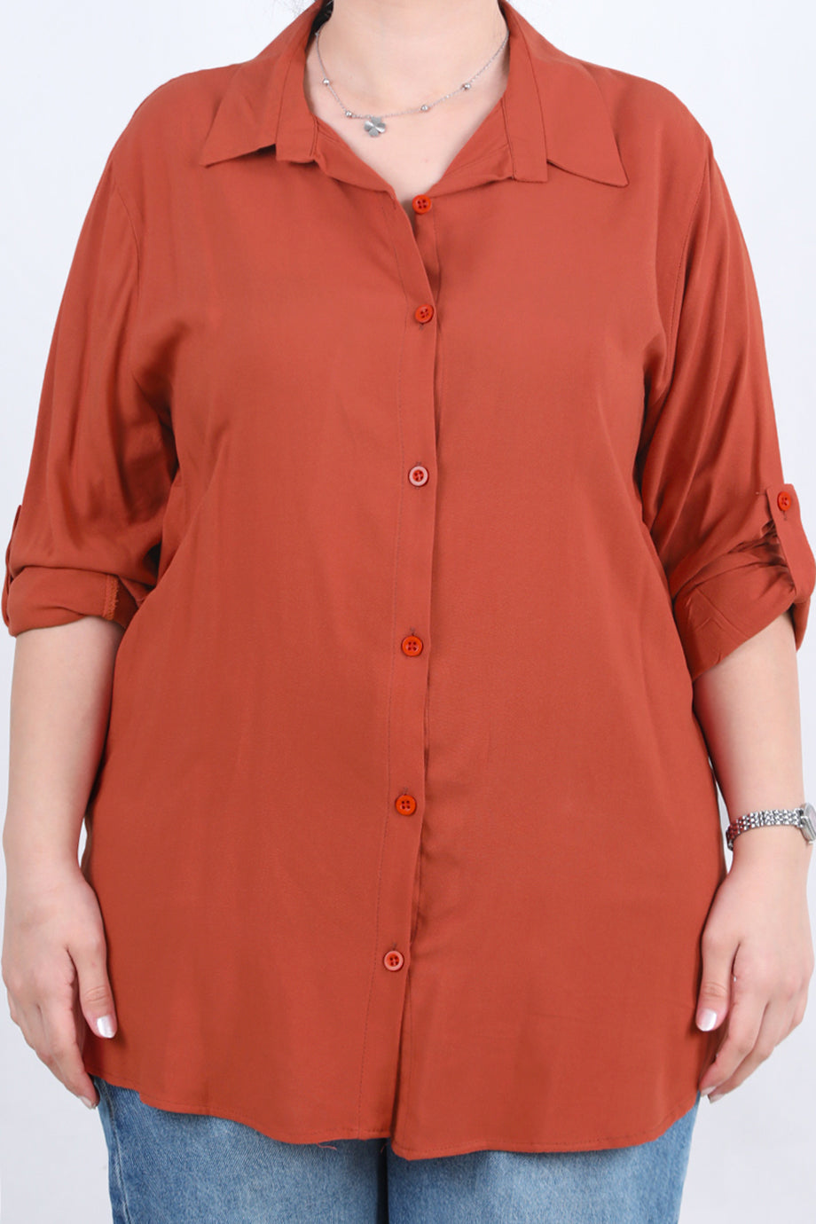 Serene Büyük Beden Kol Katlamalı Gömlek Kiremit