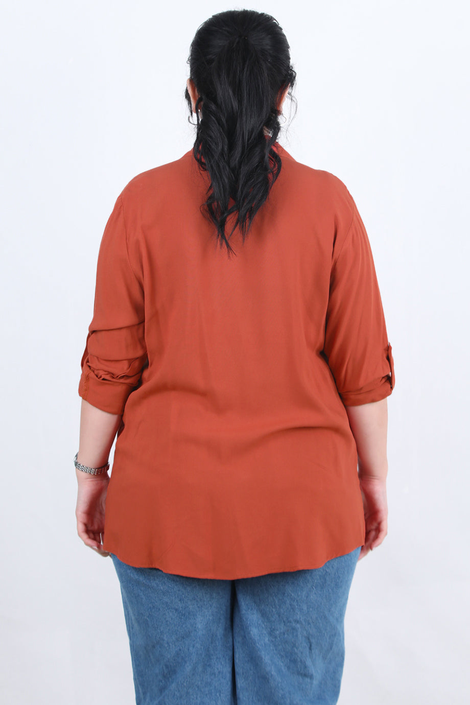 Serene Büyük Beden Kol Katlamalı Gömlek Kiremit