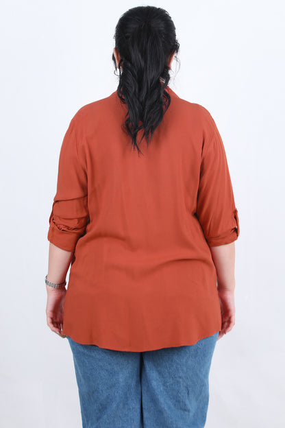 Serene Büyük Beden Kol Katlamalı Gömlek Kiremit