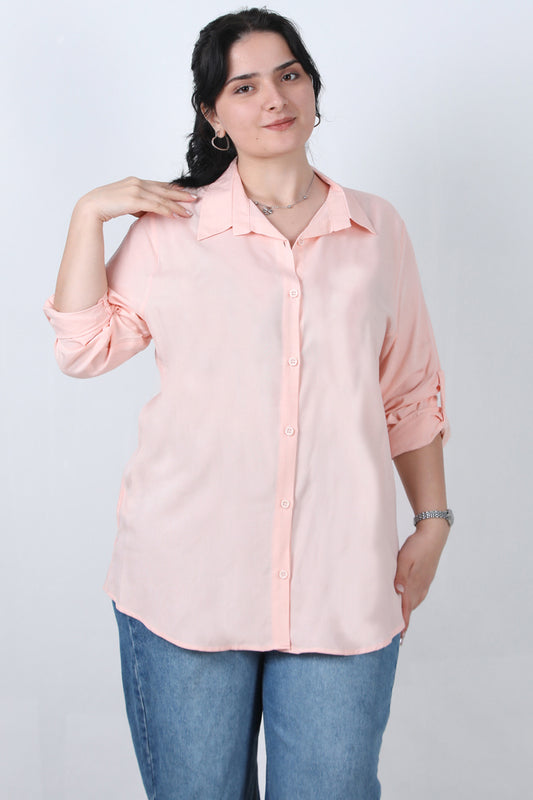 Serene Büyük Beden Kol Katlamalı Gömlek Pudra