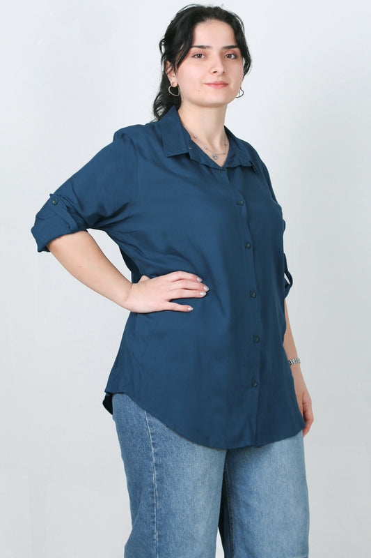 Serene Büyük Beden Kol Katlamalı Gömlek Petrol