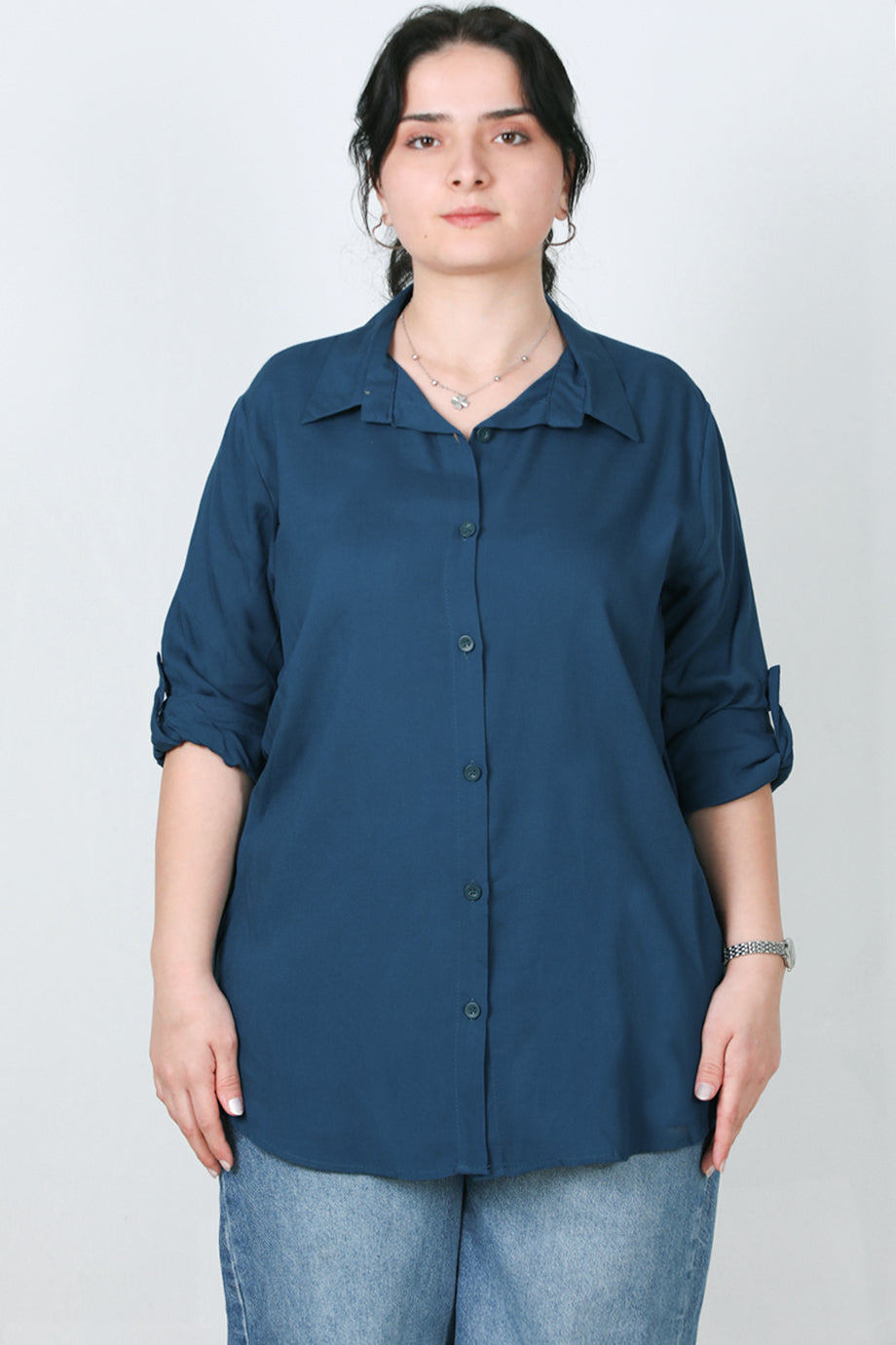 Serene Büyük Beden Kol Katlamalı Gömlek Petrol