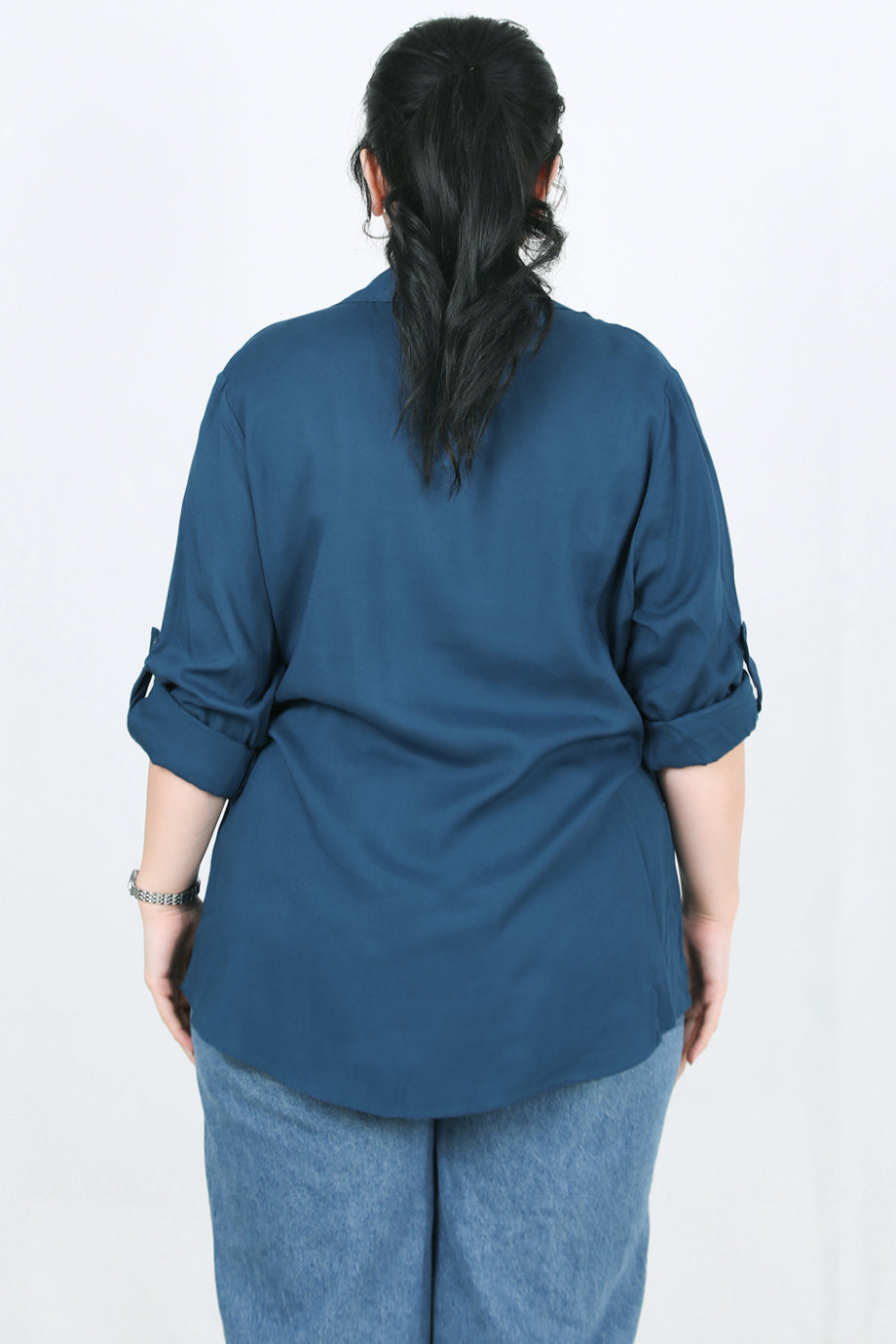 Serene Büyük Beden Kol Katlamalı Gömlek Petrol