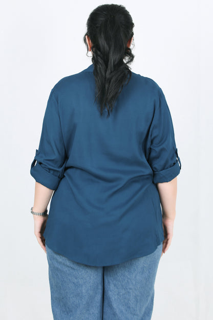Serene Büyük Beden Kol Katlamalı Gömlek Petrol