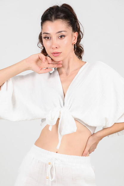 Kadın Ön Bağlama Kimono Ekru