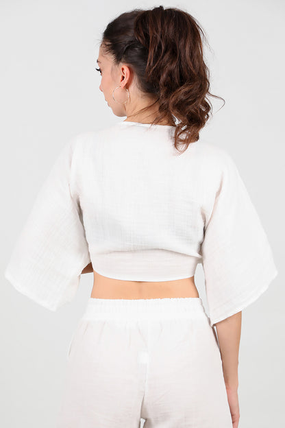 Kadın Ön Bağlama Kimono Ekru