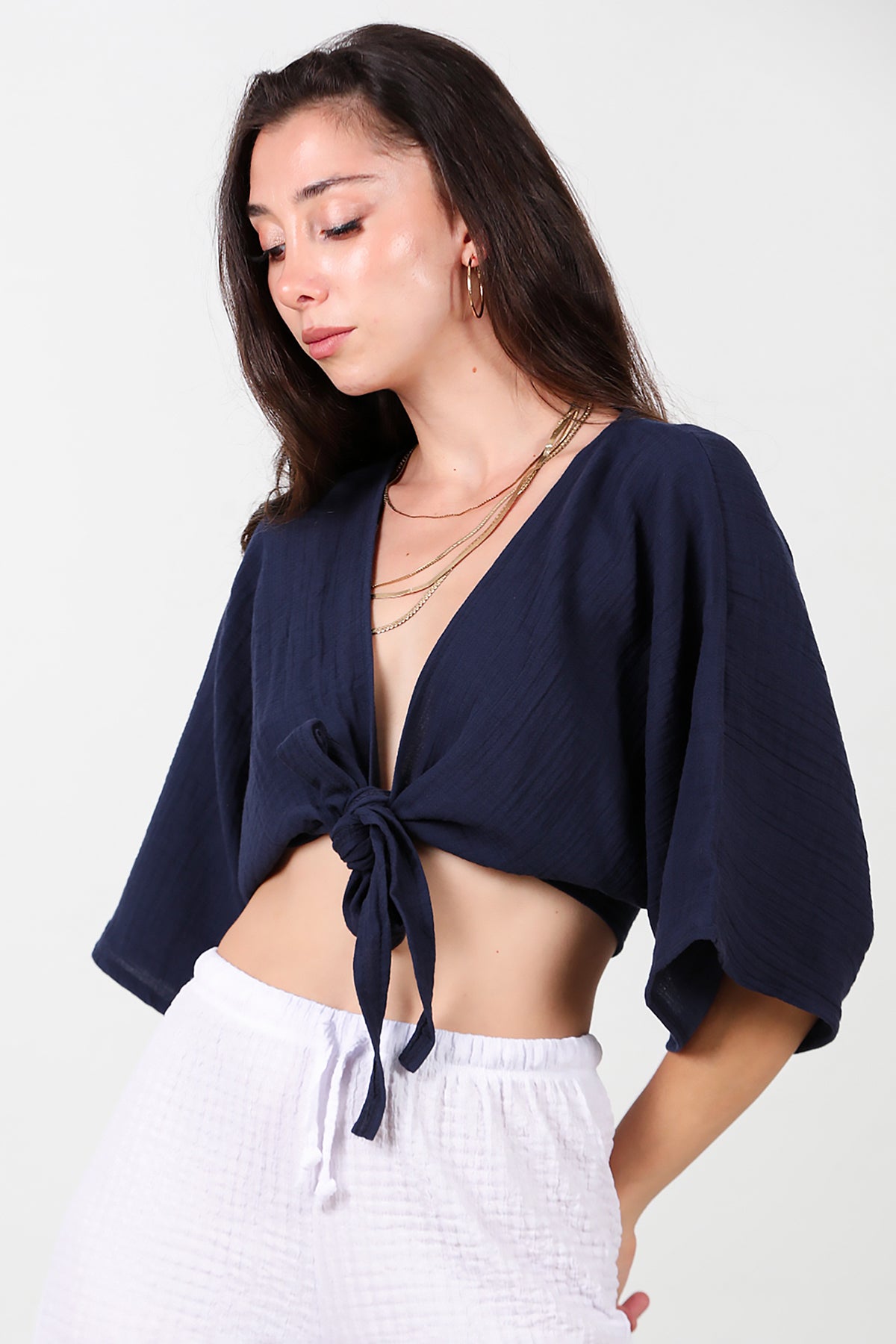 Kadın Ön Bağlama Kimono Lacivert
