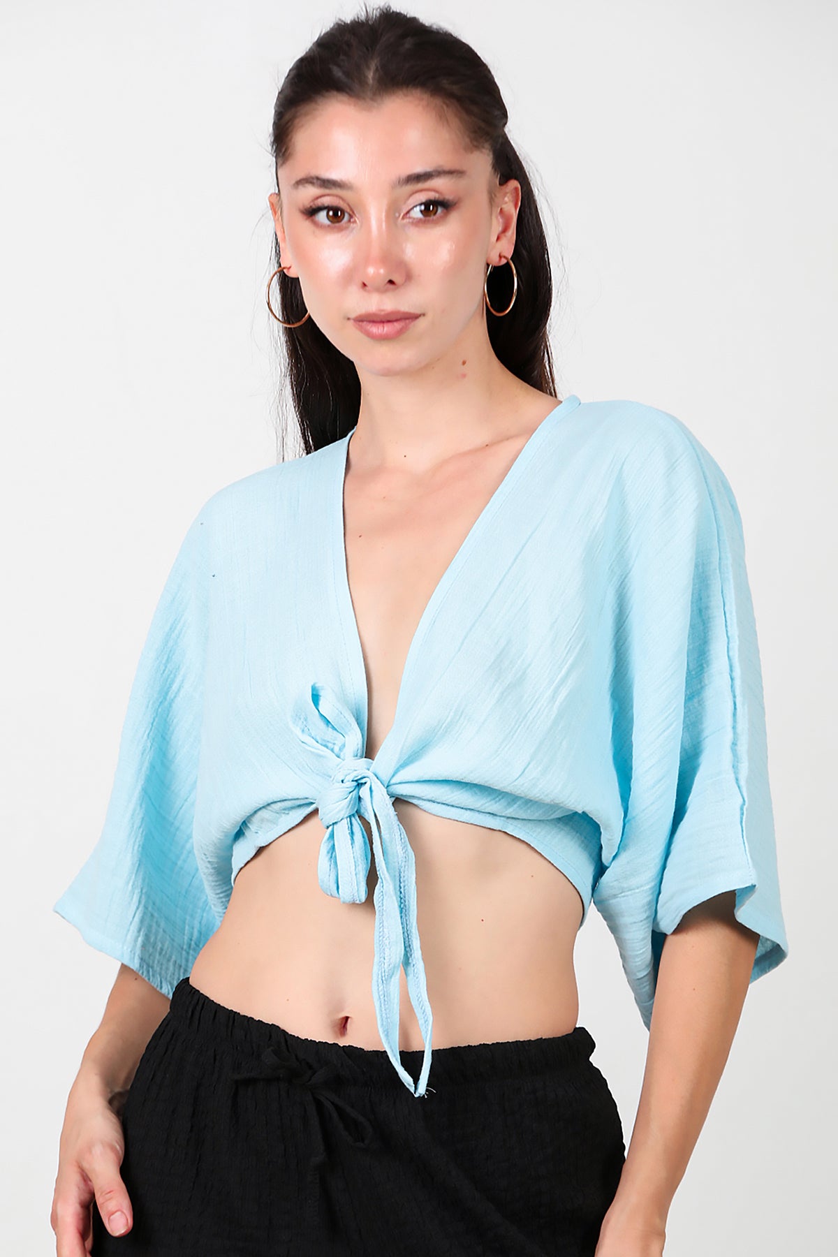 Kadın Ön Bağlama Kimono Mavi