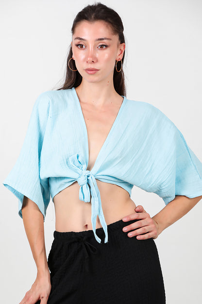 Kadın Ön Bağlama Kimono Mavi