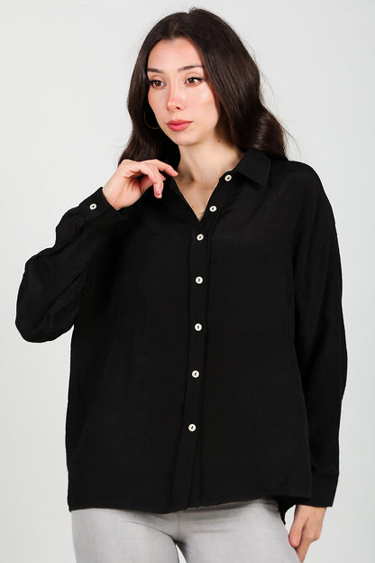 Kadın Parlak Keten Oversize Gömlek Siyah