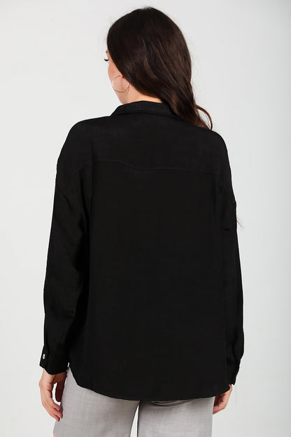 Kadın Parlak Keten Oversize Gömlek Siyah