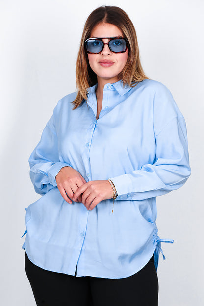 Büyük Beden Oversize Yan Bağcıklı Gömlek Buz Mavi