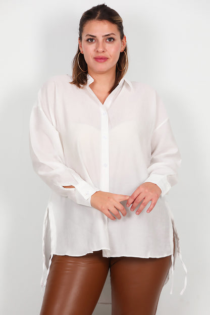 Büyük Beden Oversize Yan Bağcıklı Gömlek Ekru