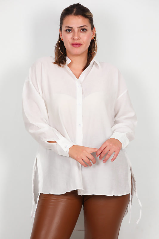 Büyük Beden Oversize Yan Bağcıklı Gömlek Ekru