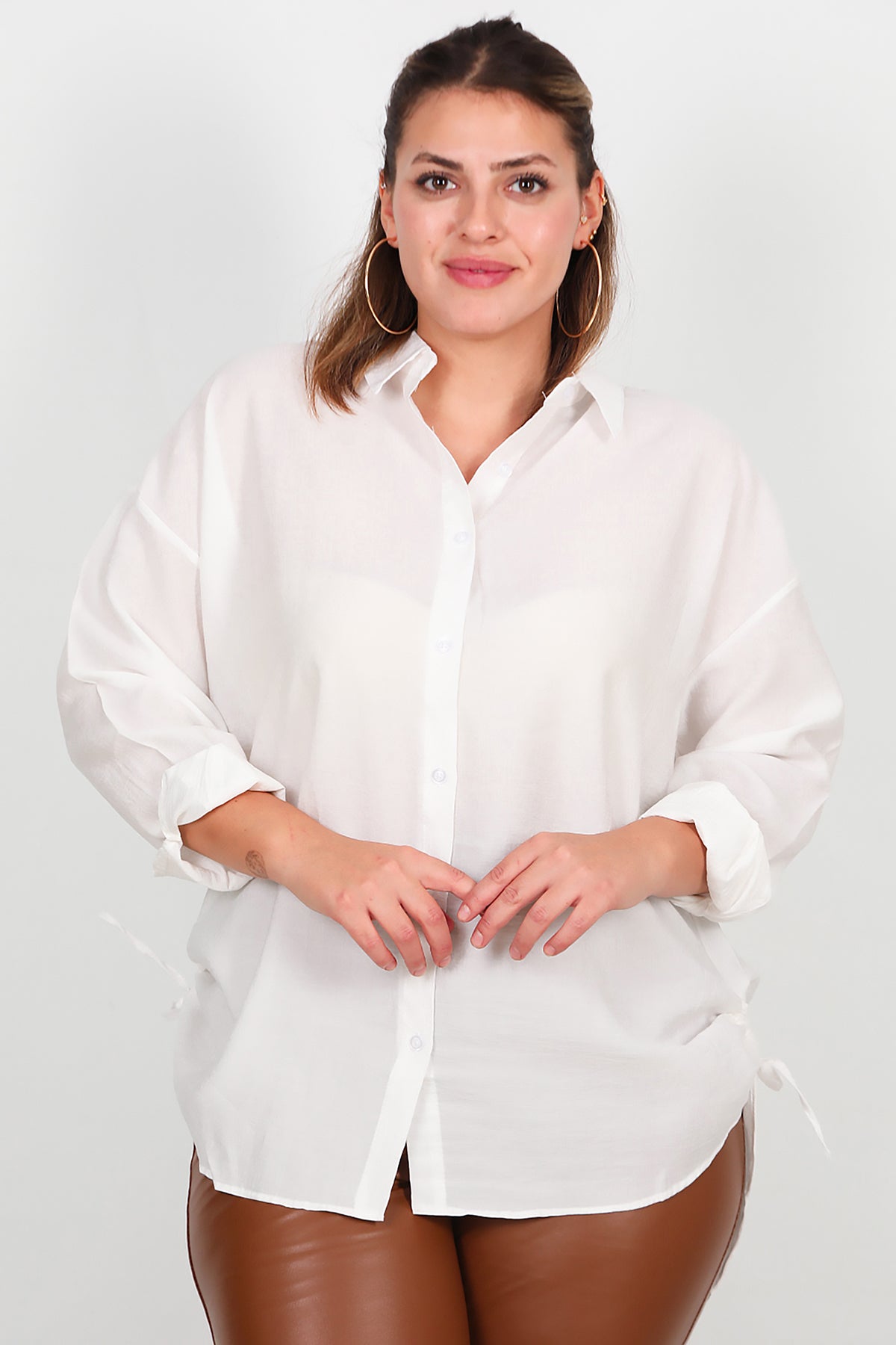 Büyük Beden Oversize Yan Bağcıklı Gömlek Ekru