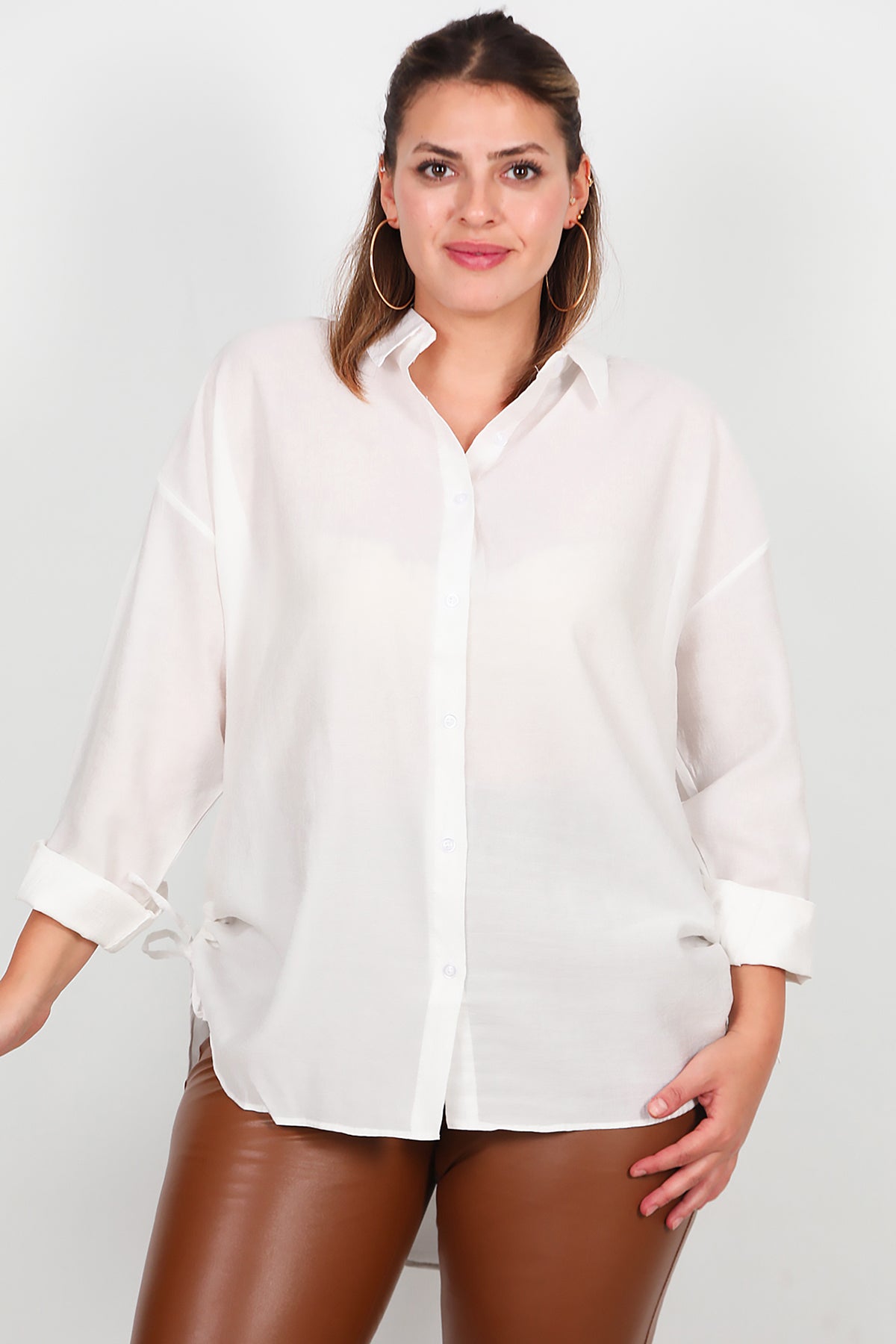 Büyük Beden Oversize Yan Bağcıklı Gömlek Ekru