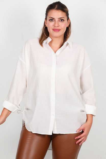 Büyük Beden Oversize Yan Bağcıklı Gömlek Ekru