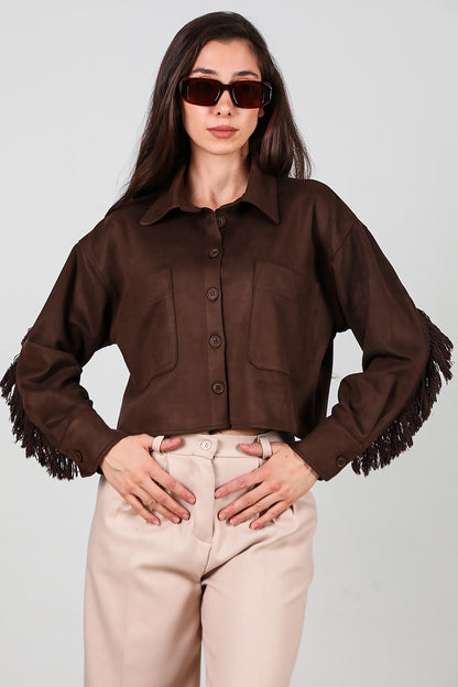 Kadın Arkası Taşlı Püsküllü Kısa Süet Gömlek Kahverengi