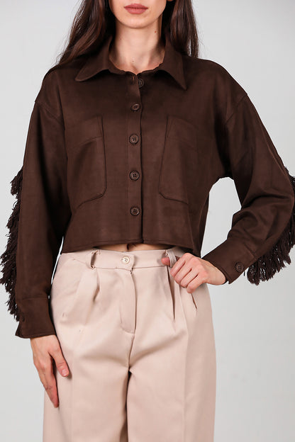 Kadın Arkası Taşlı Püsküllü Kısa Süet Gömlek Kahverengi