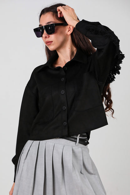 Kadın Arkası Taşlı Püsküllü Kısa Süet Gömlek Siyah