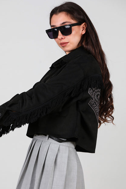 Kadın Arkası Taşlı Püsküllü Kısa Süet Gömlek Siyah