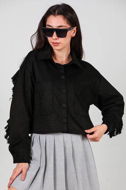 Kadın Arkası Taşlı Püsküllü Kısa Süet Gömlek Siyah