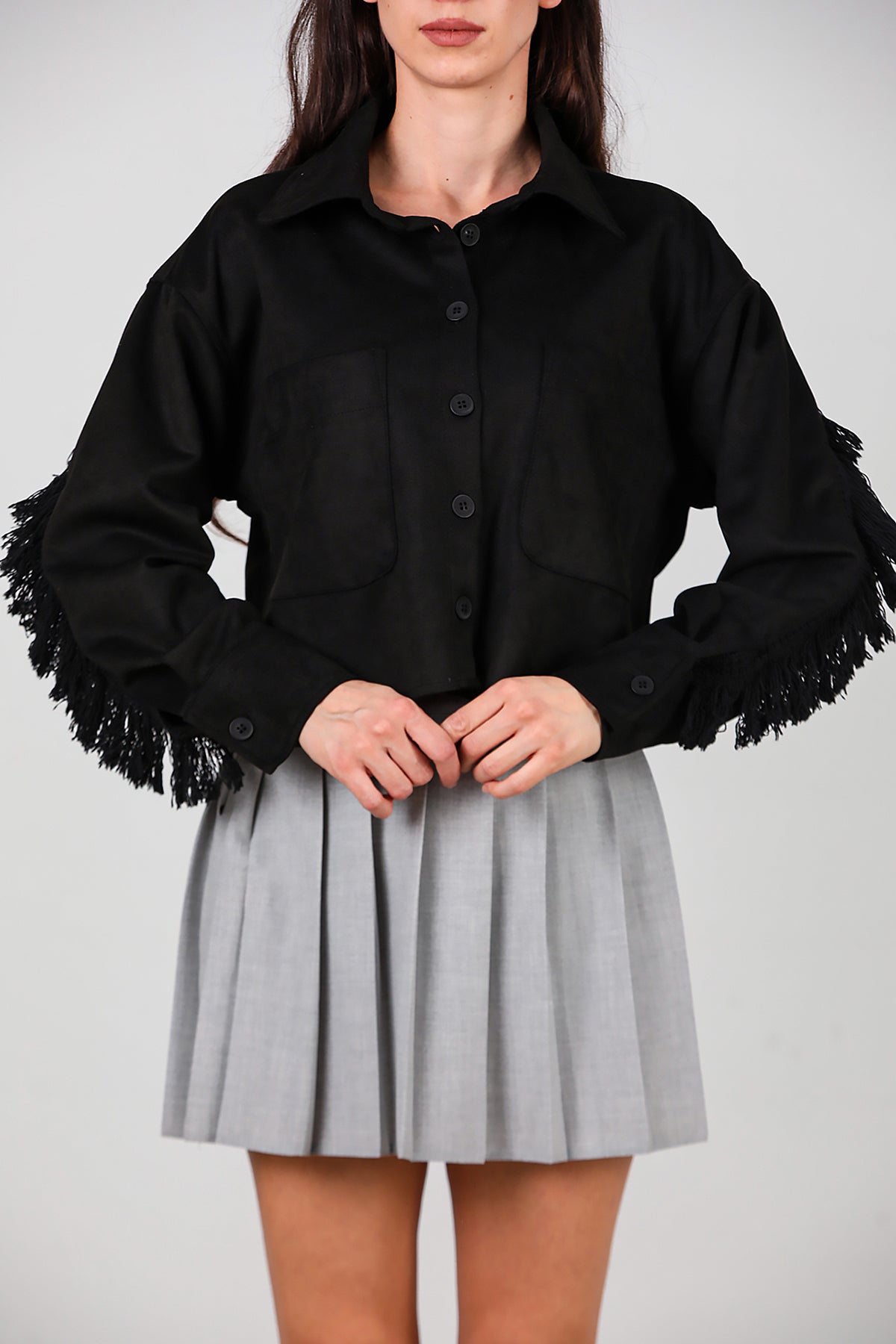 Kadın Arkası Taşlı Püsküllü Kısa Süet Gömlek Siyah