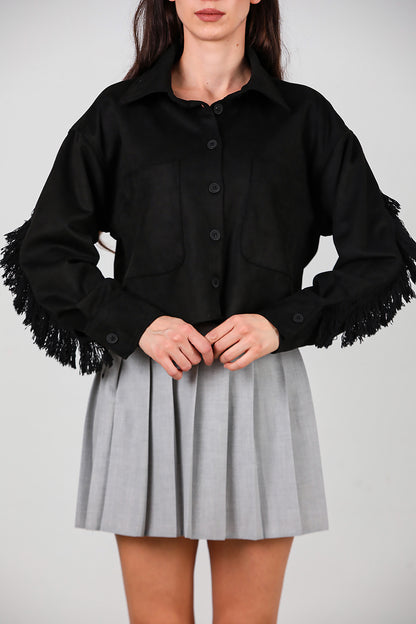 Kadın Arkası Taşlı Püsküllü Kısa Süet Gömlek Siyah
