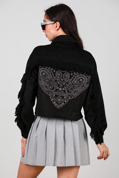 Kadın Arkası Taşlı Püsküllü Kısa Süet Gömlek Siyah