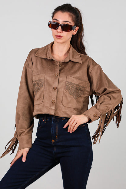 Kadın Arkası Püsküllü Cep Nakış Detay Süet Gömlek Bej