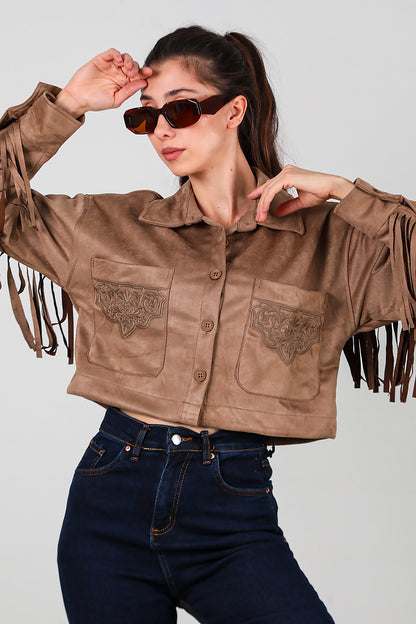 Kadın Arkası Püsküllü Cep Nakış Detay Süet Gömlek Bej