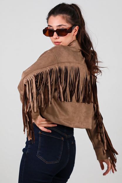 Kadın Arkası Püsküllü Cep Nakış Detay Süet Gömlek Bej