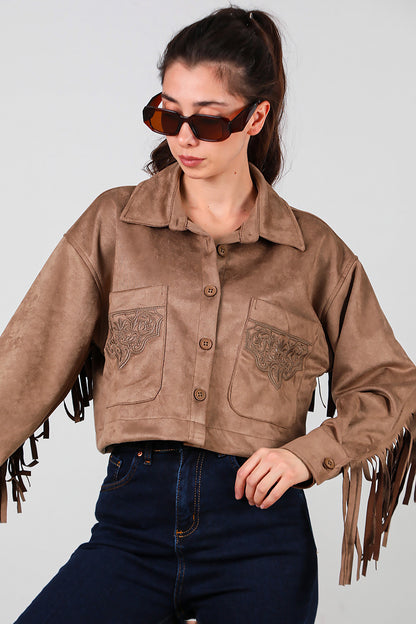 Kadın Arkası Püsküllü Cep Nakış Detay Süet Gömlek Bej